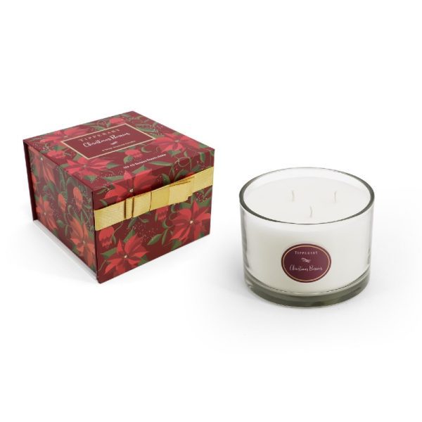 Tipperary Crystal Poinsettia 3 Wick Candle - Christmas Berries