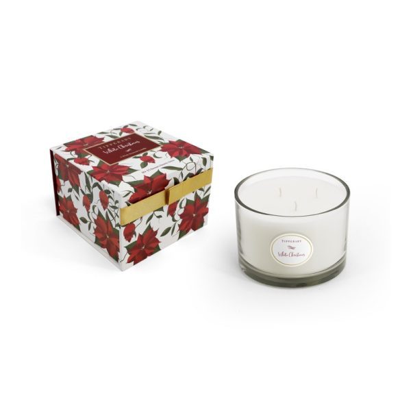 Tipperary Crystal Poinsettia 3 Wick Candle - White Christmas